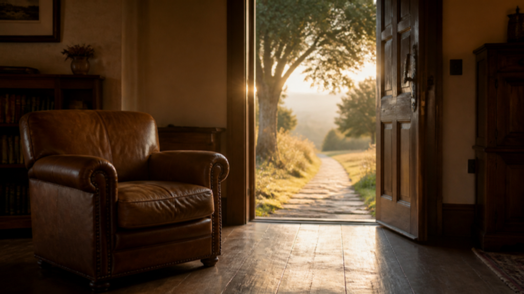 Empty leather armchair in a warm, cozy room facing an open door, with bright morning light and a path leading outside