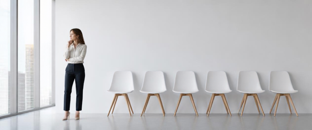 Professional standing beside a long row of identical empty chairs in a bright open office