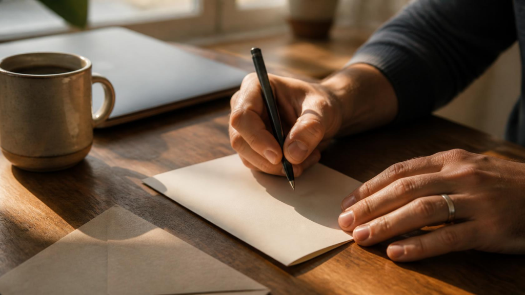 Hand writing a short note on a plain card at a wooden desk, coffee mug nearby, in warm morning light