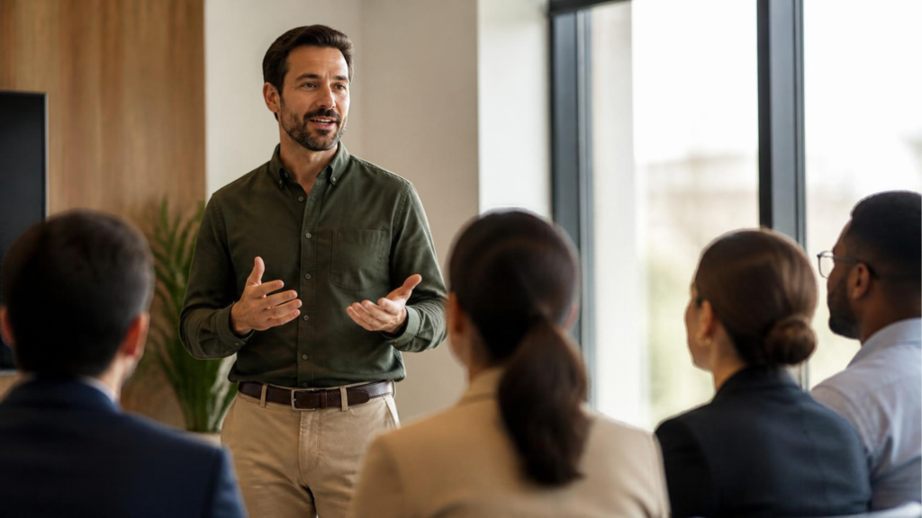 Man in a green shirt speaking to a small group of seated professionals in a bright, modern office.
